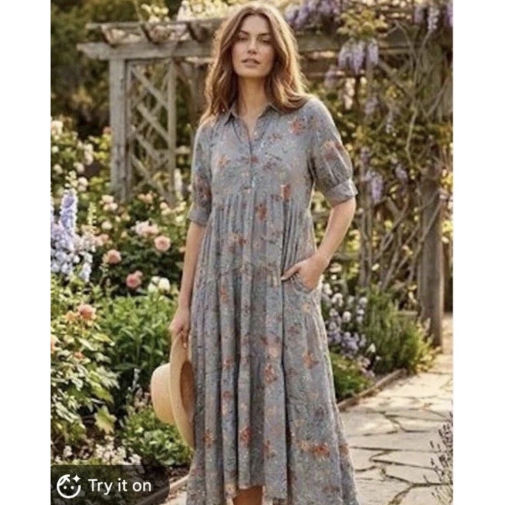 Natural Life Rebecca Gray Floral Print Midi Dress w/pockets Size M Boho Peasant